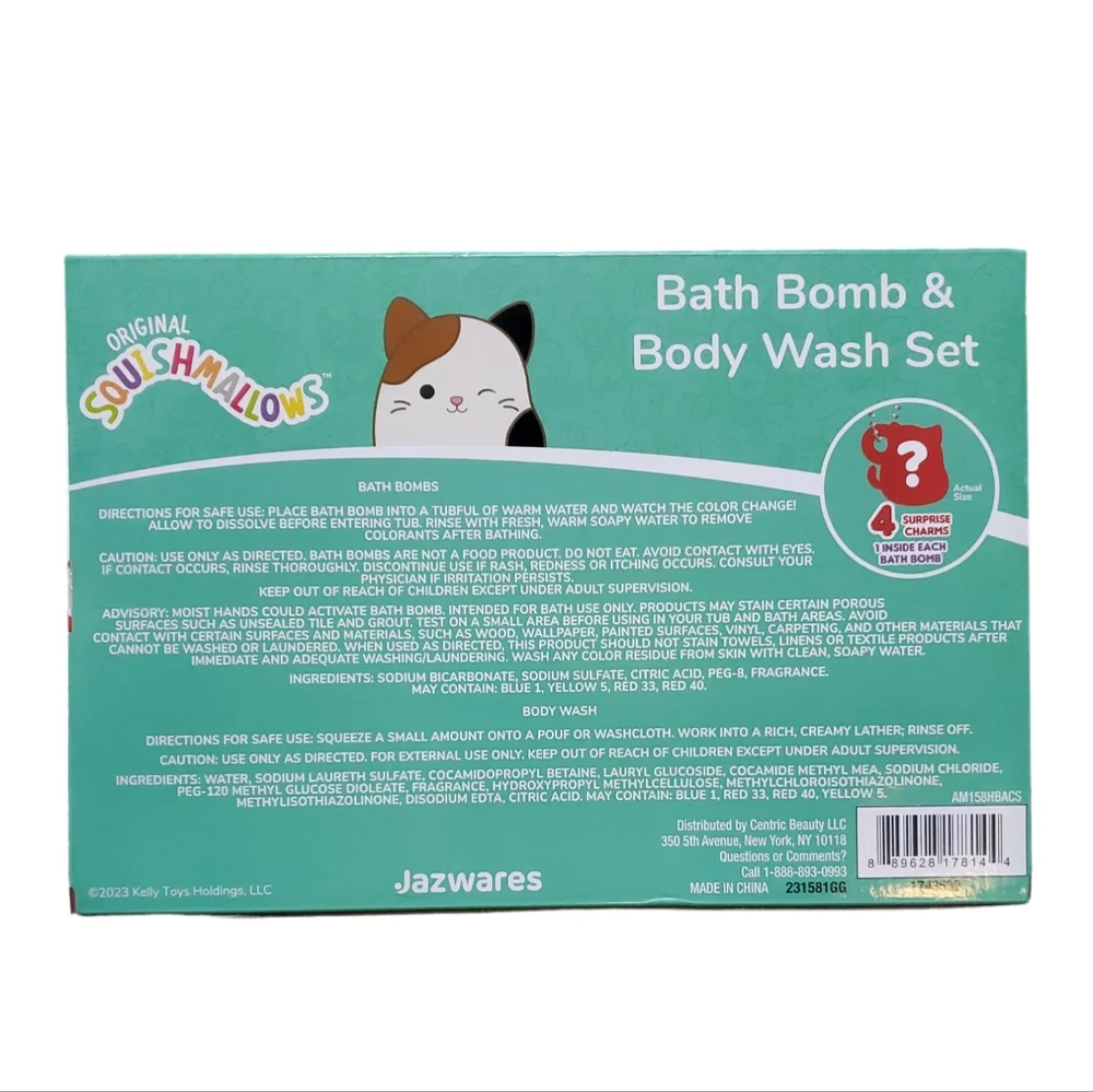 Original Squishmallows Bath Bomb & Body Wash 8 Piece Set 4 Charms NIB